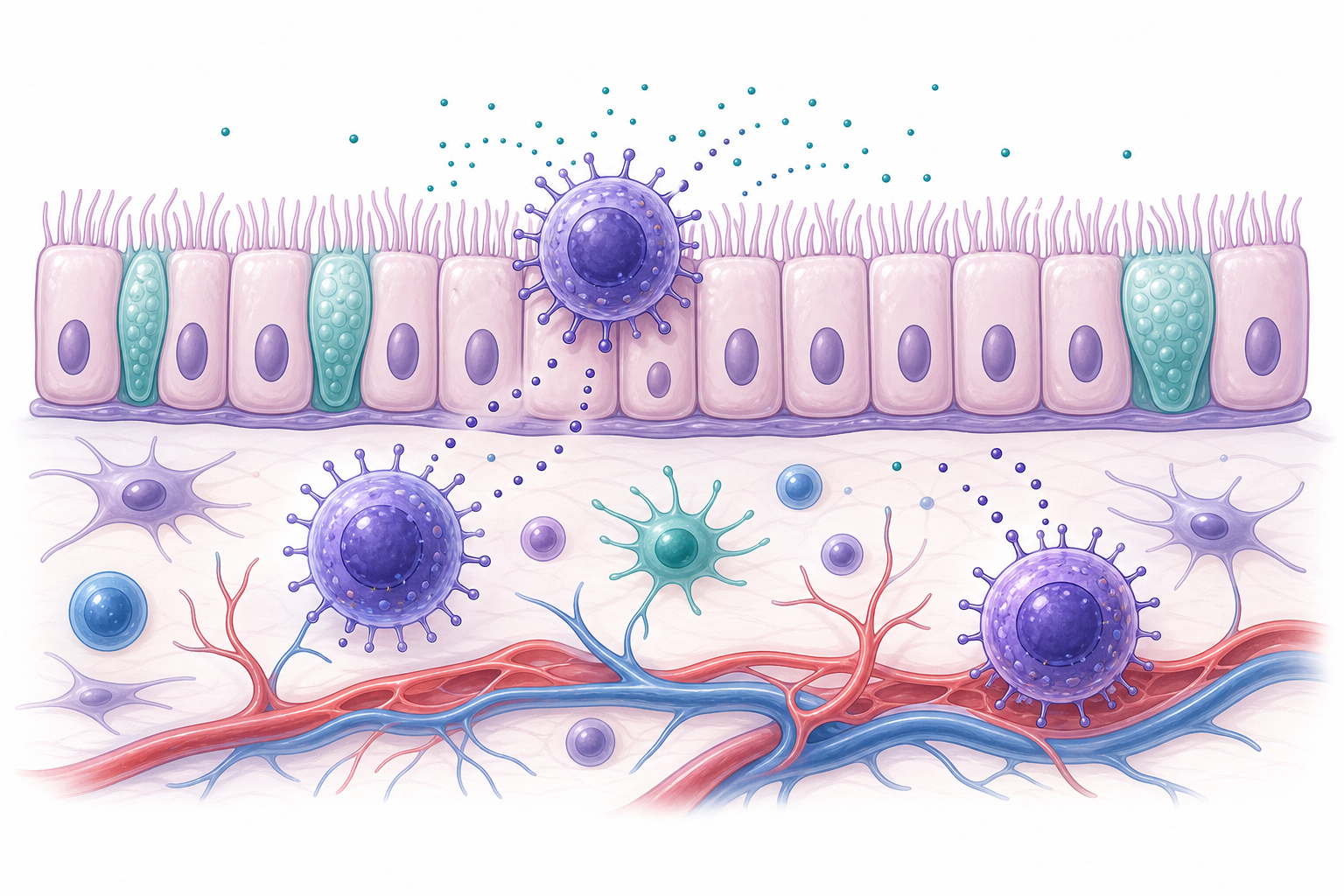 Illustration of NK cells near respiratory epithelial tissue